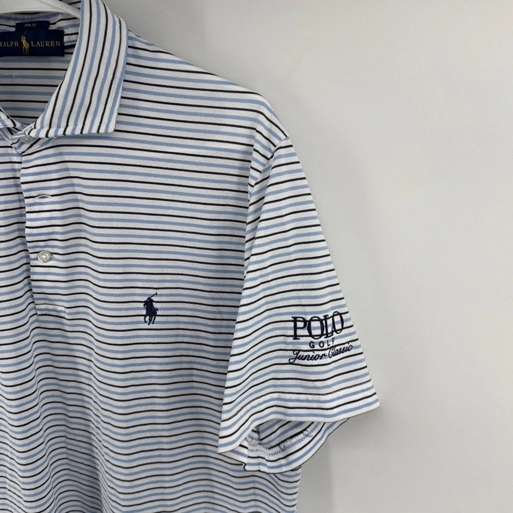 Ralph Lauren Pro Fit Golf Polo Shirt Mens Medium Blue White Striped AJGA Logo